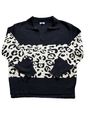 White Birch Leopard Print Sweater L Colorblock Collared Pullover Knit